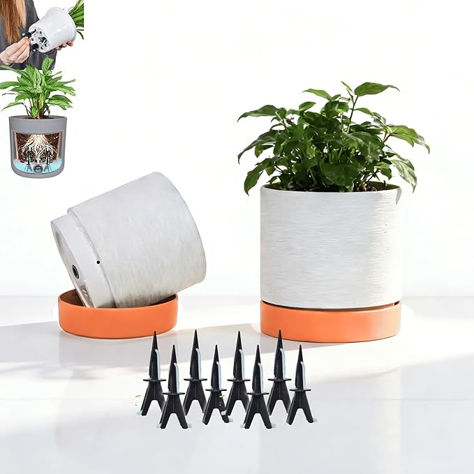 GreenShip Planter Set of 2 (9.8" & 7.8") – Cylinder Planters with Drainage Hole and Planter Saucer, Jun Porcelain Clay & Recycled Resin, Decorate Home,Office & Outdoor,White pots