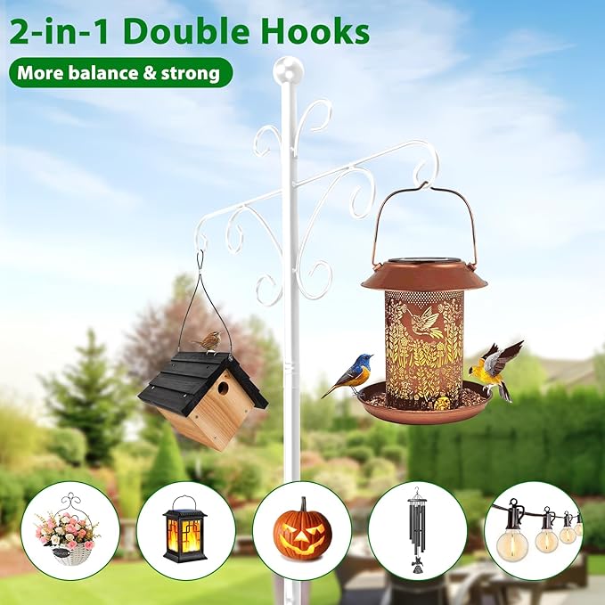 Bird Feeder Pole for Outdoors Heavy Duty Squirrel Proof, 2 Pack 76 Inch Adjustable Tall Shepherds Hooks for Outdoor with 7 Prongs Base, Double Shepherd Hooks (2 Pack White, 76 Inch)