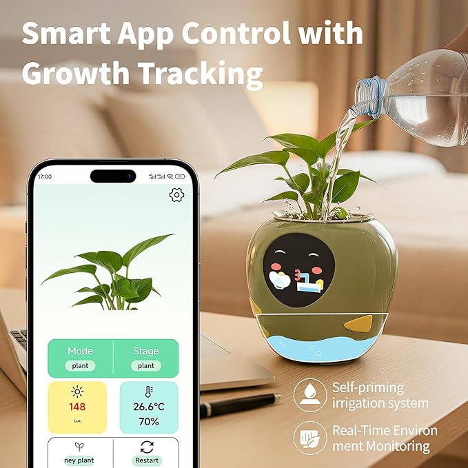 Plantbot Upgraded Large Smart Flower Pot Pet Planter Robot with Artificial Intelligence, Time Temperature Display, and Numerous Expressive Animations Based, for Indoor Decoration, Gifts (Yellow)