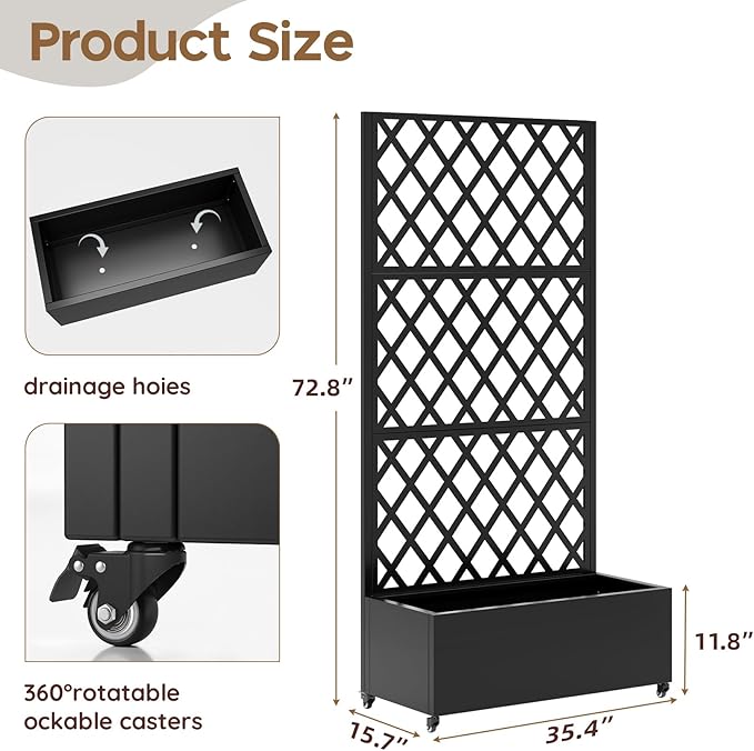 Metal Planter Box with Trellis,72"x35"x15",Galvanized Raised Garden Bed Trellis Outdoor Planter with Privacy Screen & Wheels and Drainage Holes,for Patio Climbing Vegetables,Flowers,Vines,Black