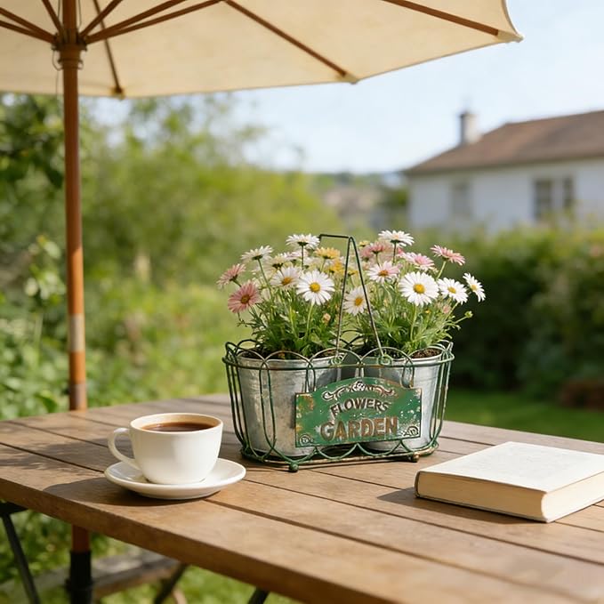 Vintage 2-Piece Metal Planter Set, Distressed Green Iron Wire Basket with Flowers Garden Sign, Rustic Farmhouse Plant Pots for Tabletop, Window Sill & Balcony Decor (Green)