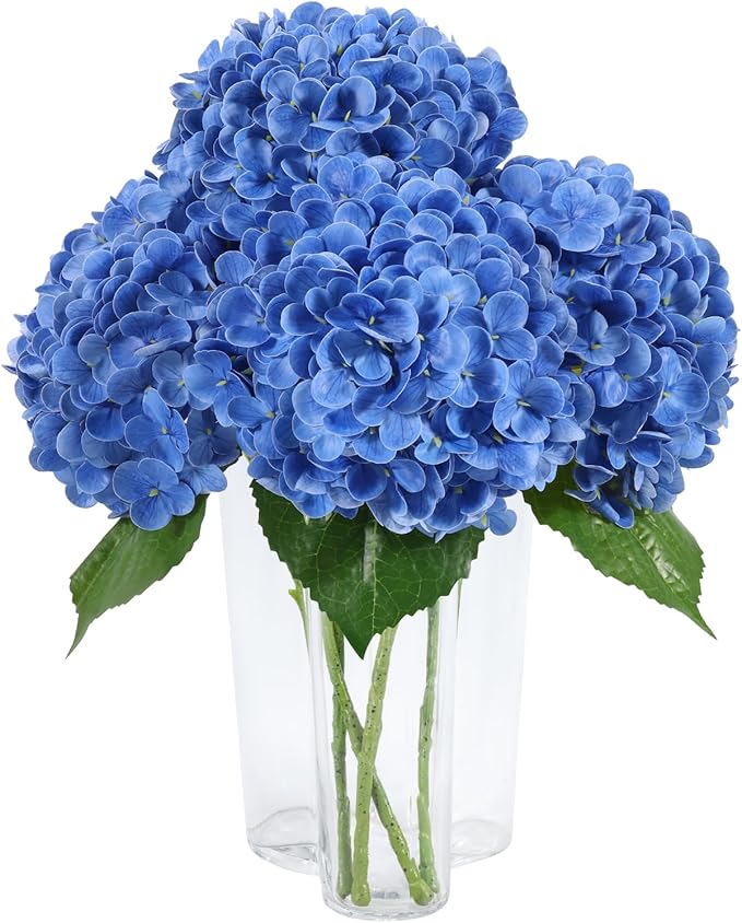 DuHouse 3Pcs Hydrangea Artificial Flowers,Latex Real Touch Hydrangeas with Long Stems & Leaves for Home Decor Party Floral Arrangements Wedding Bouquets Centerpieces(Dark Blue)