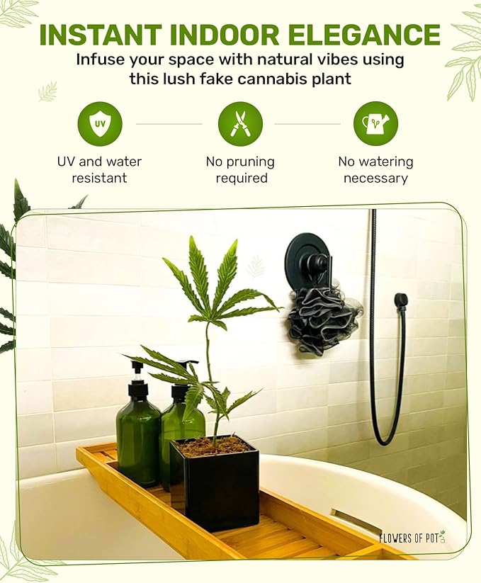 15 Inch Cannabis Fake Weed Plant for Home Decor with Black Pot – Lifelike Artificial Marijuana Leaf, Zero Maintenance Faux Indoor Plant for Room, Office, Shelf, Pranks & Gifts, UV Resistant