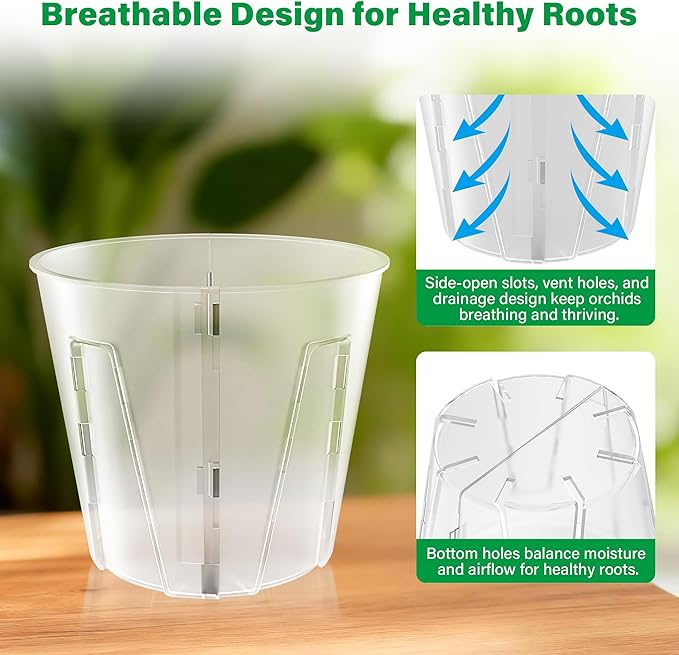 Bluepro 5 Inch Side-Open Orchid Pots 6 Pack, Plastic Nursery Planters with Detachable Side Walls for Easy Repotting, Breathable Slotted Flower Pots with Drainage for Root Health