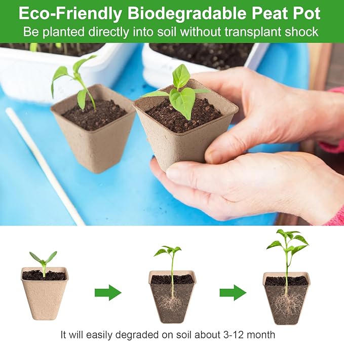 Baxrou 120 Pack 3.15 Inch Square Peat Pots for Seedlings, Seed Starting Pots with Drainage Holes Nursery Pot, Herb Seed Starter Pot Kits wit 30 Plant Labels, 2 Transplant Tools.