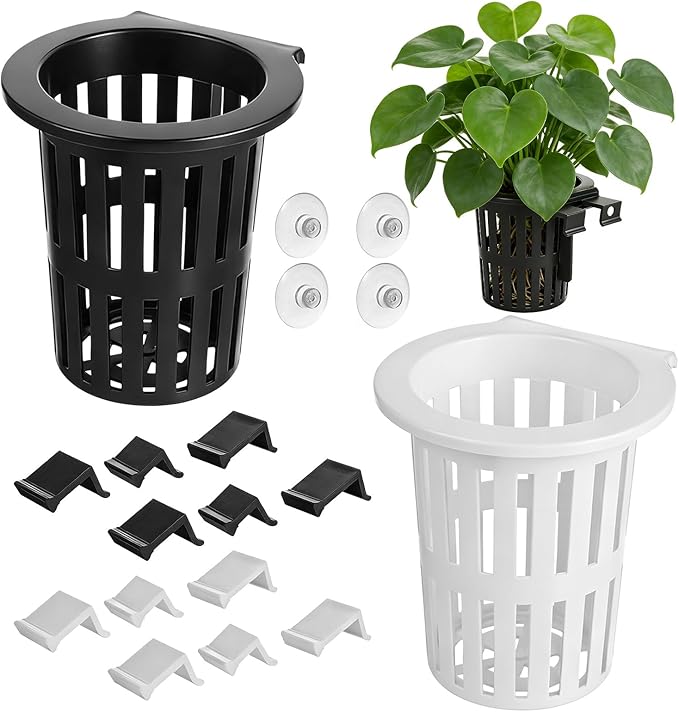 Xthrotsenk 2 Pcs Aquarium Plant Holder with 3 Size Hooks Hanging Fish Tank Plant Holder with 16 Hooks 4 Suction Cups for Fish Tank Cultivation Aquascape Decorations White Black