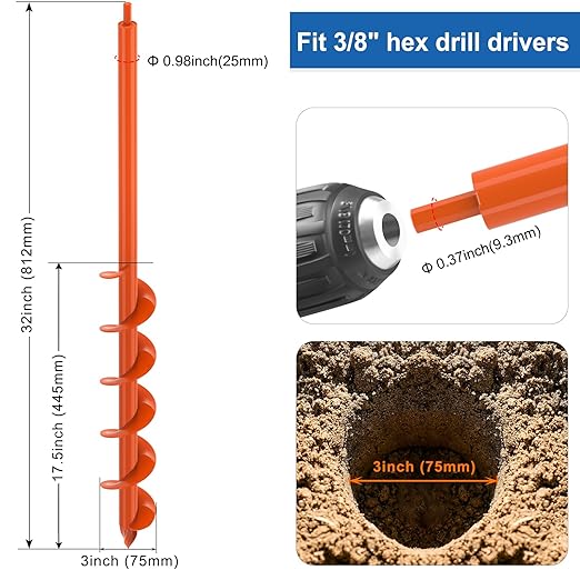 Upgraded Auger Drill Bit for Post Hole Digger 3 X 32 Inch Garden Spiral Hole Drill for Bulb Planting Post Auger for Plants, Beach Umbrella Holes and Building Fences- Fit 3/8" Hex Drill