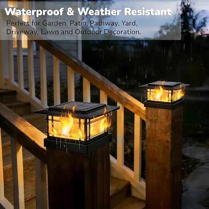 Dynaming 4x4 Solar Post Cap Lights Outdoor with Flickering Flame Light, Black Shell Fence Post Solar Lights Fit Vinyl/Wooden Posts, Brightness LED Lighting Decor for Garden Deck Patio, 12 Pack