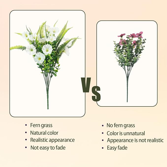 Artificial Flowers for Outdoors 12 Bundles White Artificial Petunias Fake Flowers UV Resistant Shrubs Plants with Fern for Indoor Outside Hanging Planters Home Garden Spring Decorations