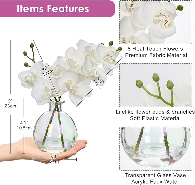 White Orchids Artificial Flowers Faux Orchid Arrangement with Iridescent Glass Vase Set of 2 Real Touch Phalaenopsis Orchid Flowers Orchids Centerpiece for Dining Room Table