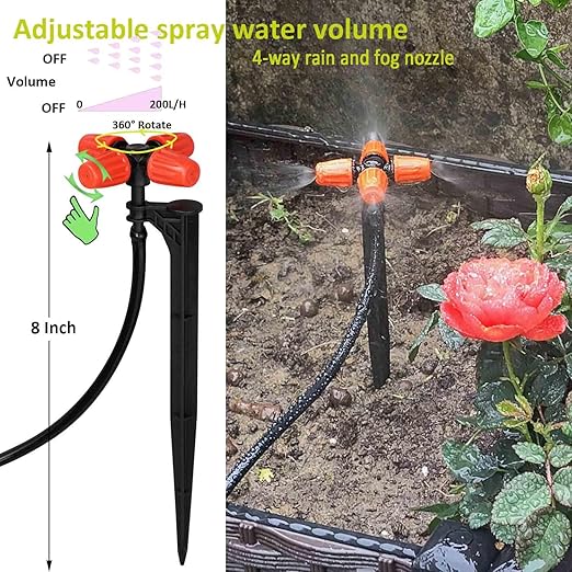 Drip Irrigation Kit Automatic Watering System with Water Timer 64FT 1/4 Tubing and 12 Rain Spray Watering Nozzles in 4 Directions for Potted Plants Yard Lawn Juvenile Plants Greenhouse Mist