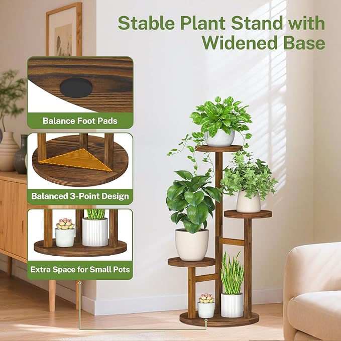 iDavosic.ly 3 Tier Plant Stand Indoor with Grow Light, Tiered Corner Wood Multiple Flower Holder Shelf, Tall Orchid Display Rack for Living Room Bedroom, Brown