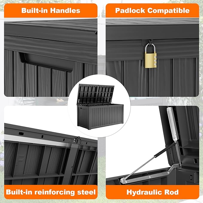 PatioZen 180 Gallon Resin Deck Box, Lockable Patio Outdoor Storage Box for Furniture, Garden Tools and Tools Storage, Waterproof Outside Storage Boxes - Black
