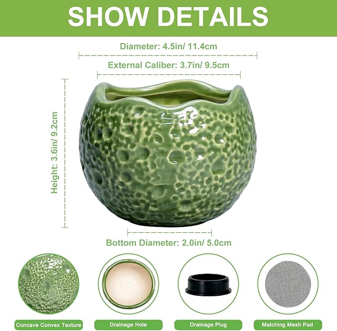 Ceramic Plant Pots - 4 inch Plant Pot with Drainage Hole, Small Pots for Plants Indoor Outdoor, Unique Round Planter, Modern Decorative Flower Pot, Room Decor, House Warming Gifts, Green