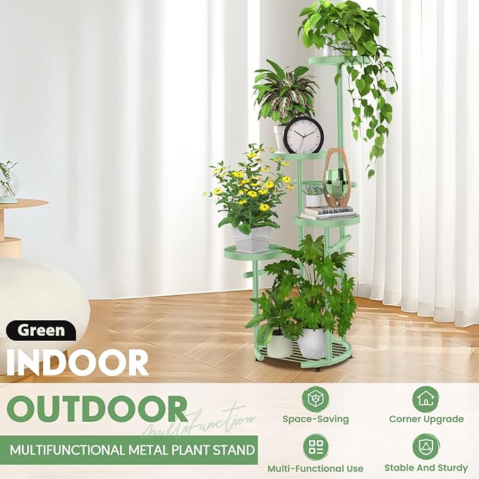 TOSKING 5 Tier Metal Plant Stand Indoor，Anti-Tip Round Base for Pots, Child & Pet Friendly,Plant Shelf, Corner Shelf Flower Pot Stand for Outdoor Plant Stand for Living Room Balcony Garden Patio Bedroom (Green, 42in)