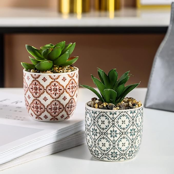 Artificial Plants Succulent Flowers in Ceramic Planter 2 Pack Small Fake Plants Potted for Home Office Desk Decor Farmhouse Living Room Bedroom Shelves Decoration