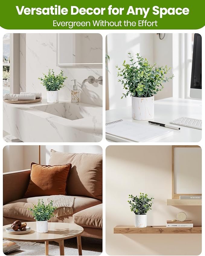 Taybonds Artificial Eucalyptus Plants in White Ceramic Pots, 2 Pack Faux Greenery Decor with Different Leaf Styles, Small Potted Plants for Shelf, Bathroom, Bedroom, Office Desk, 9.05" Tall