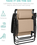 Best Choice Products 30” Wide Folding Zero Gravity Outdoor Recliner Patio Lounge Chair w/Adjustable Canopy Shade, Headrest, Side Accessory Tray - Beige