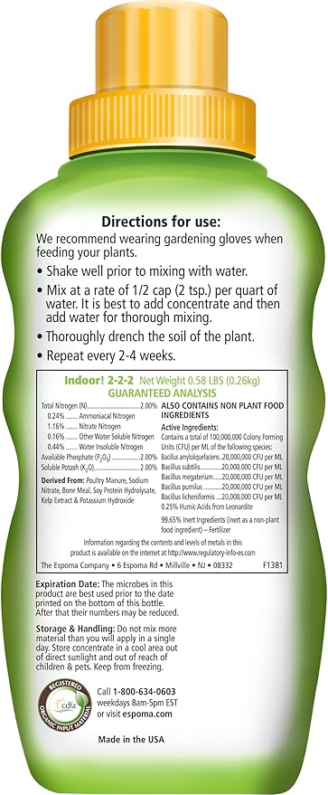 Espoma Organic 8 Ounce Concentrated Indoor! Plant Food - Indoor Plant Fertilizer for Large & Small Plants Like Pothos, Fiddle Leaf Fig, Monstera, Snake & Palms