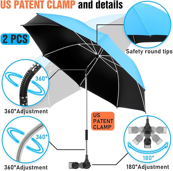 2 PACK Beach Umbrella with Clamp, 360 ° Adjustable Umbrellas for Chair, UPF50+ Umbrella for Beach Chair, Patio Chair, Wheelchair, Camping Chair, Golf Carts (Chair Not Included)