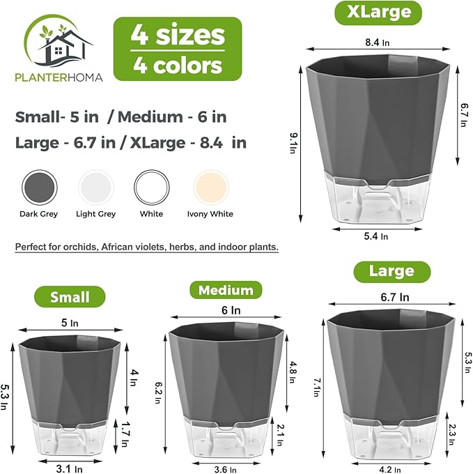 12 Pack Self Watering Pots for Indoor Plants, 5 Inches Self Watering Planters African Violet Self Watering Clear Pots for Plants Herb Orchid Flower Houseplant, Dark Grey