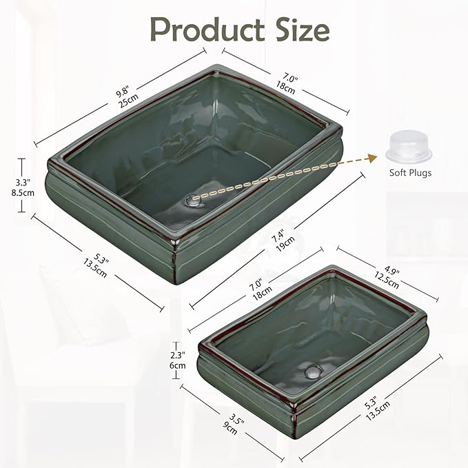 Set of 2 Green Glazed Ceramic Bonsai Pots, 9.8" & 7.4" Shallow Bonsai Pots Planters with Drainage for Indoor/Outdoor Plants, Rectangular Bonzie Tree Pot for Succulents, Cacti, Orchids, Herbs, Flowers
