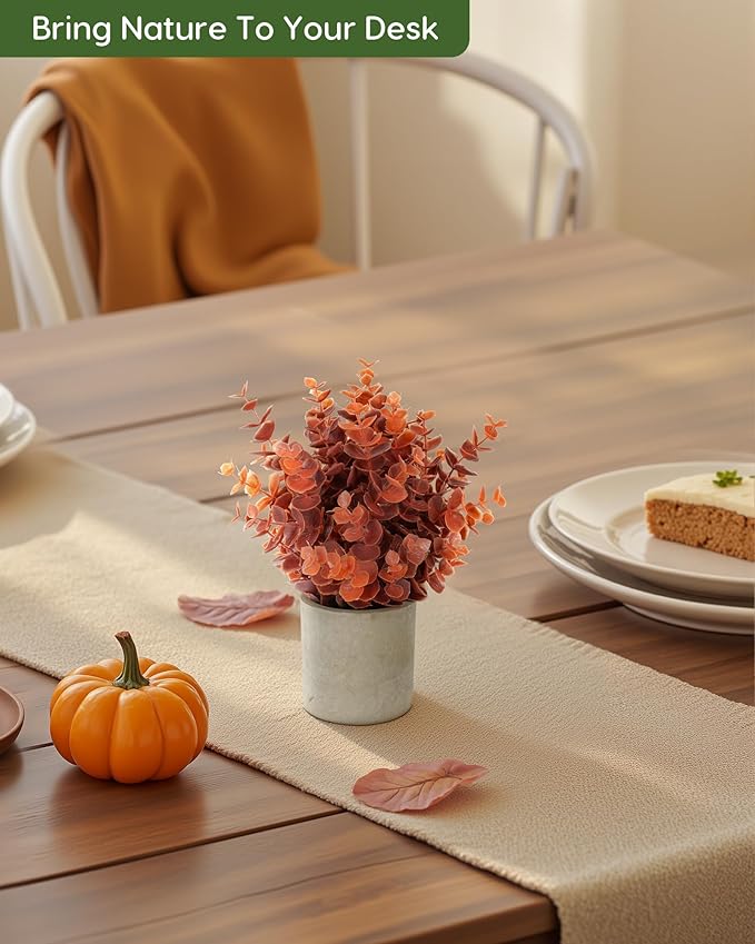 Velener 2 PCS Small Fake Eucalyptus Plant Artificial Potted Plants Indoor for Desk, Shelf, Home Decor Realistic Faux Plant for Office, Bathroom, Living Room Decoration (Fall Orange)
