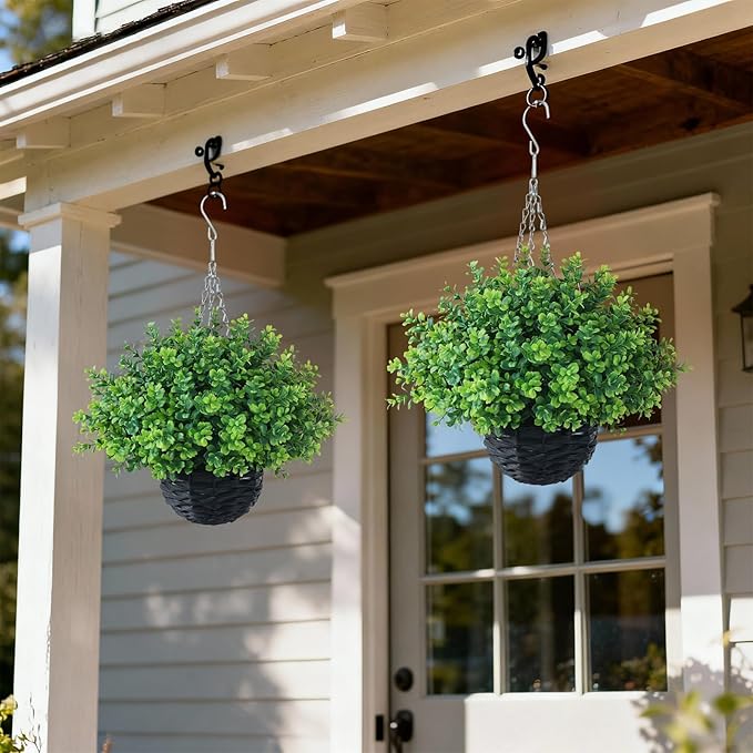 FOTEEWL Artificial Boxwood Hanging Baskets - 2 Sets of Hanging Plant Fake Bushes with Baskets,UV-Resistant Suitable for Outdoor,Porches,Eaves,Farmhouses,Courtyard Decorations