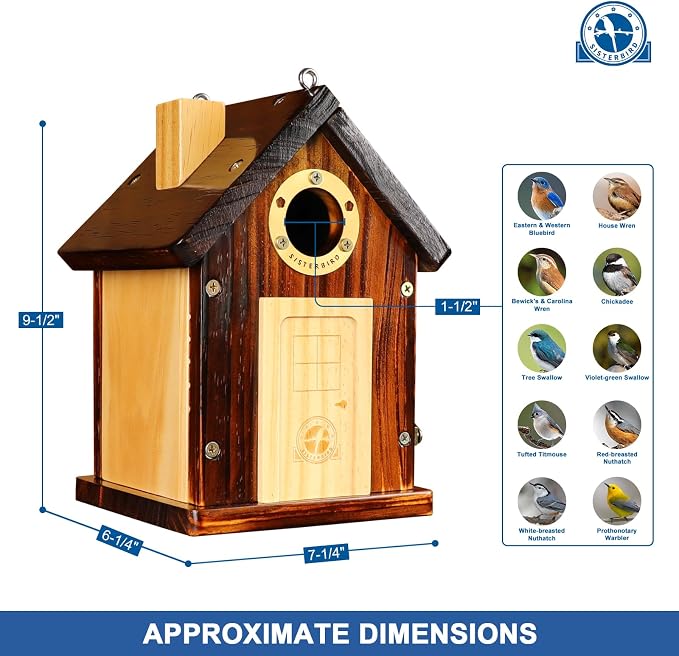 SISTERBIRD Bluebird Houses for Outside, Premium Bird Houses for Outside, Wooden Cabin Birdhouses for Outdoors, Weatherproof Courtyard Decorated Hanging Bird House, Nesting Bird House
