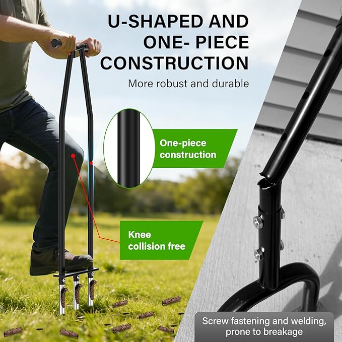 VASALAID Lawn Aerator Tool, Manual Core Lawn Aerator with 3 Stainless Steel Hollow Tines, Heavy Duty Grass Aerating Tool for Compacted Soil & Lawn Care