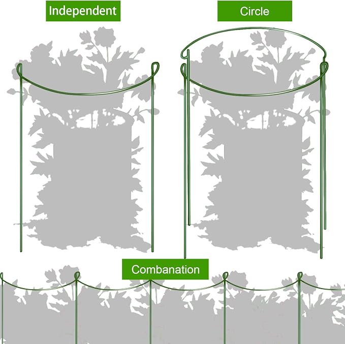 HiGift 16 Pack Plant Support Stakes, Half Round Metal Garden Plant Stake Indoor Peony Cages and Supports, Green Plant Support Ring Border for Tomato,Hydrangea,Flower Outdoor (10" Wide x 15.8" High)