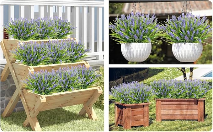obbsie 36 Bundles Artificial Plants Outdoor, 18.2" UV Resistant Faux Monkey Grass Greenery Stems No Fade Faux Plastic Flowers Shrubs for Home Weddings Garden Porch Front Patio Office Decor - Purple
