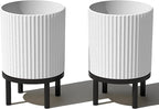 Veradek Demi Series Round Planter w/Stand for Porch/Patio | Durable Plastic-Stone Composite & Wooden Stand | Modern Décor for Tall Plants, Flowers