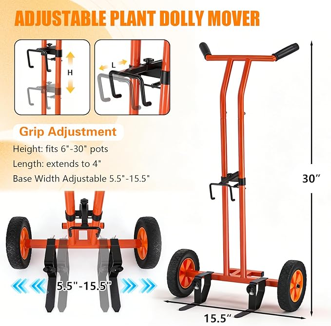 Plant Caddy with Wheels, Heavy Duty Plant Dolly Cart with Non-Slip Silicone Grids Adjustable Grabbing Arm, Suction Cups, Indoor Outdoor Plant Mover for Heavy Pots, Supports Plants Up to 175 lbs Orange