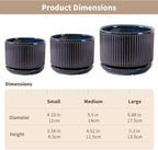 Navy Blue Ceramic Plant Pots Set of 3, 4.3+5.5+6.7 Inch Indoor Flower Pots with Drainage Hole & Saucer & Hole Mesh Pads, Striped Decorative Planter Set for Indoor Plants, Gardening Pots & Accessories