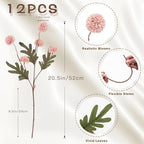 12Pcs Fake Kiku Flowers, Artificial Small Chrysanthemum Balls with Stems, Faux Silk Mini Pompon Mums for Vase Floral Arrangement DIY Bouquets Wedding Party Table Centerpieces Home Decor (No Vase)