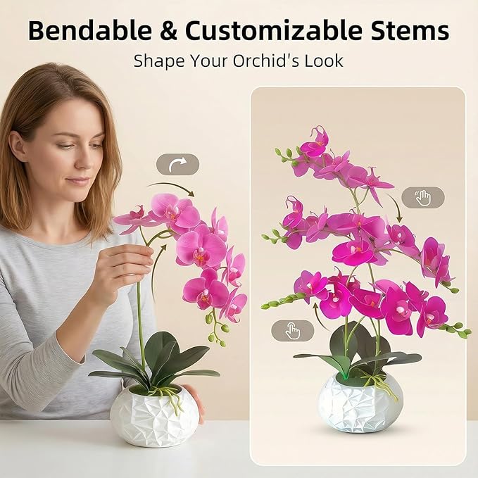 Artificial Orchid with 3D Printed Vase, 24 Stems Realistic Fake Phalaenopsis, Adjustable Silk Flowers for Home Decor, Wedding Table Centerpieces, 20 Inches Tall, Dark Purple