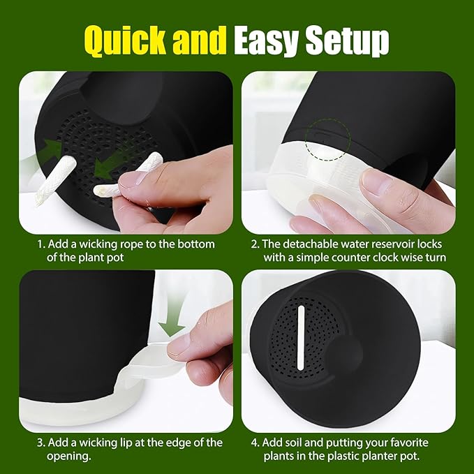 Plant Pots 4/5/5.5/6/6.5/7 Inch Self Watering Pots, 6 Pack Plastic Planters with Drainage Holes and Clear Saucers,Plastic Flower Pots,Nursery Planting Pot for Indoor Out Door Plants(Black)