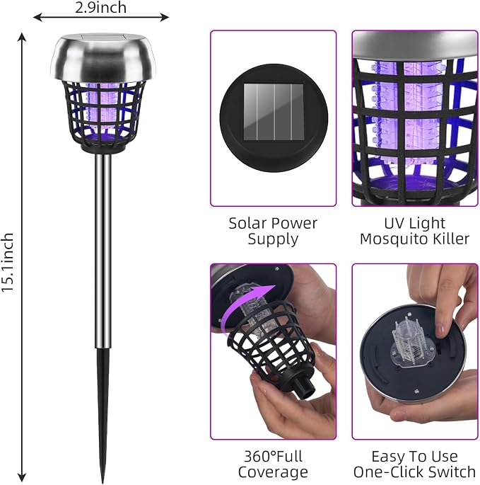 2026 Solar Bug Zapper Outdoor Waterproof Mosquito Repellent Outdoor Patio Mosquito Trap & Killer for Backyard, Farm, Garden, Solar Powered Fly Zapper for Small Flying Insect, Flies, Gnats, Moths(4)