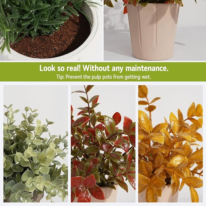 4 Pack Small Fake Plants in Pulp Pot for Home Decor, Artificial Plants Indoor, Small Faux Plants Indoor for Bathroom Bedroom Kitchen Office Farmhouse Room Shelf Decor Fall Decor