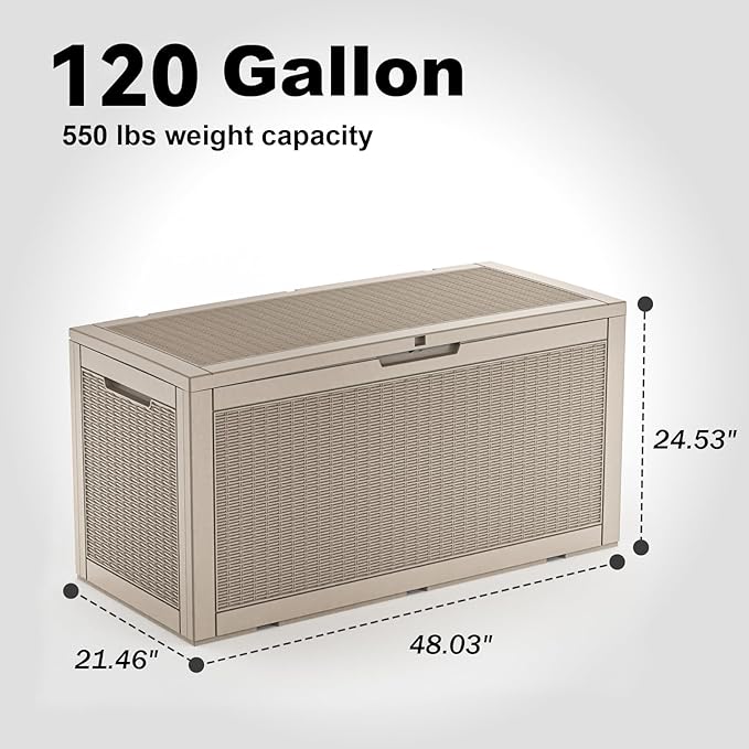 PatioZen 120 Gallon Resin Deck Box, Lockable Patio Outdoor Storage Box for Furniture, Garden Tools and Tools Storage, Waterproof Outside Storage Boxes - Grey