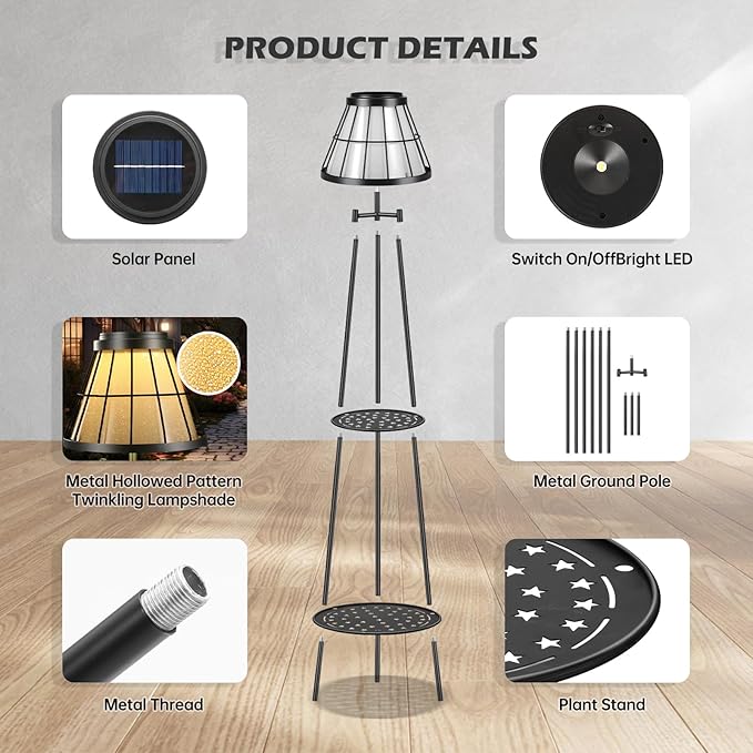 2 Pack Solar Lights with Plant Stands, 45.4'' Waterproof Outdoor Metal Solar Floor Lamps for Patio Deck Yard Pathway Porch Garden