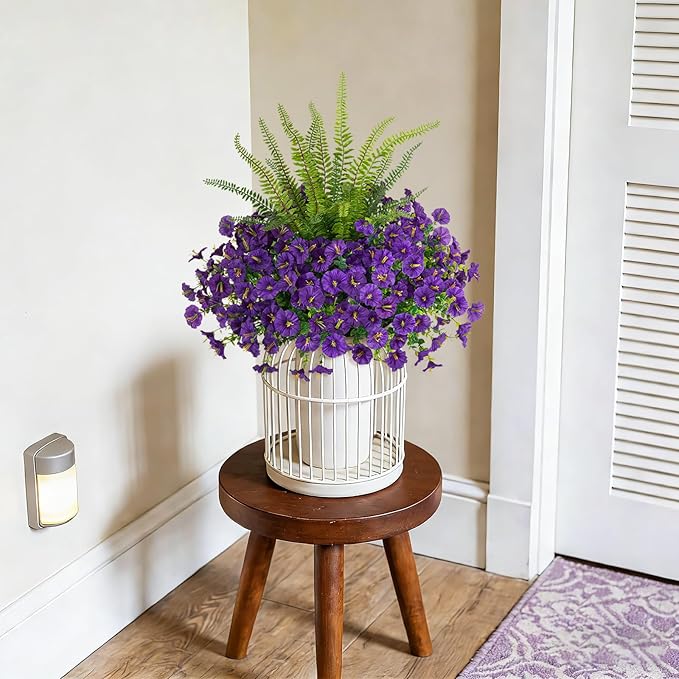 Hrobek Artificial Flowers for Outdoors Faux Plants Outside Indoor,UV Resistant Silk Fake Petunia Ferns for Home Patio Garden Back Yard Front Porch Decor(13 Bunches,Dark Purple)