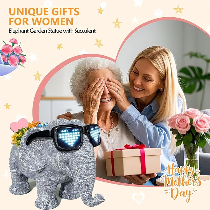 Solar Garden Outdoor Statues Elephant with Succulent and LED Lights –Outdoor Decor Ornament for Patio, Backyard, or Lawn – Gifts for Mom Grandma(9.06" D x 5.31" W x 5.71" H)