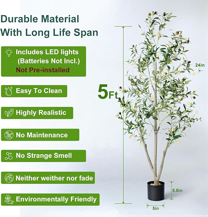 Olive Trees Artificial Indoor, 5FT Tall Faux Olive Tree with Moss and Planter, Artificial Plants Indoor with Natural Wood Trunk and Lifelike Fruits, Fake Tree for Home Office Living Room Decor