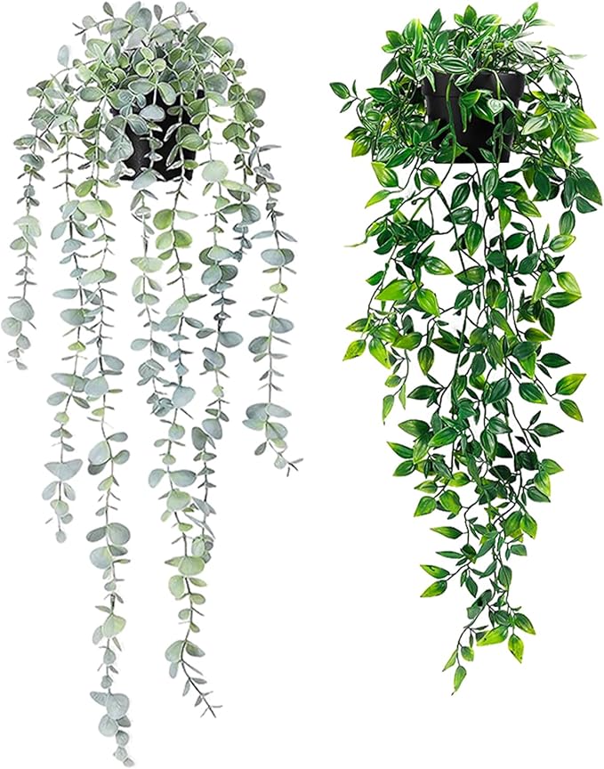 Clearain 2Pcs Fake Plants Hanging Artificial Decorations, Faux Potted Eucalyptus and Pea Pod Plants for Bathroom Home Office Desk Wall Shelf Bookcase Accessories Decor Indoor
