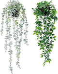 Clearain 2Pcs Fake Plants Hanging Artificial Decorations, Faux Potted Eucalyptus and Pea Pod Plants for Bathroom Home Office Desk Wall Shelf Bookcase Accessories Decor Indoor