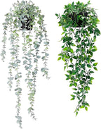 Clearain 2Pcs Fake Plants Hanging Artificial Decorations, Faux Potted Eucalyptus and Pea Pod Plants for Bathroom Home Office Desk Wall Shelf Bookcase Accessories Decor Indoor