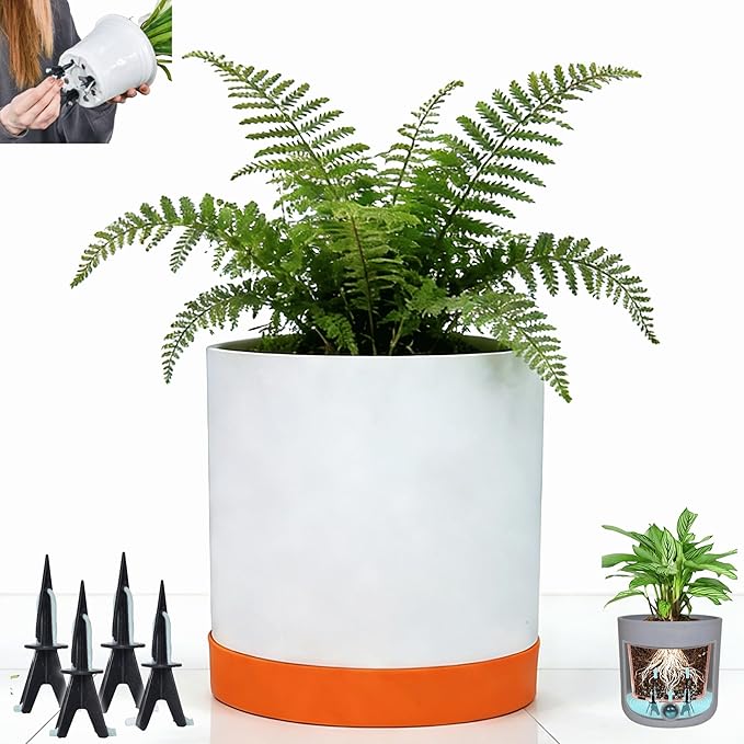 GreenShip 15″ Self-Watering Cylinder Planter Pot with Saucer & Plugged Drainage Hole – Dual Use: Self-Watering or Traditional Pot – Jun Porcelain Clay & Recycle Resin, Durable & Unbreakable(W/T)