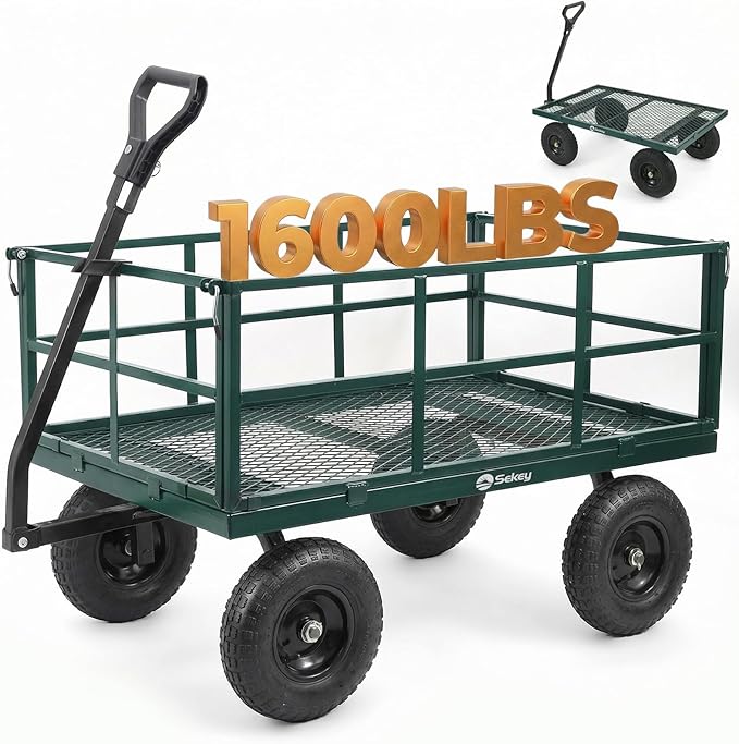 Sekey 1600 lbs Heavy Duty Steel Garden Cart for Farm & Construction, 12 Cu.Ft. Extra-Large Utility Wagon with Removable Sides, 2-in-1 Towable Handle, 13" Rubber Tires, Green